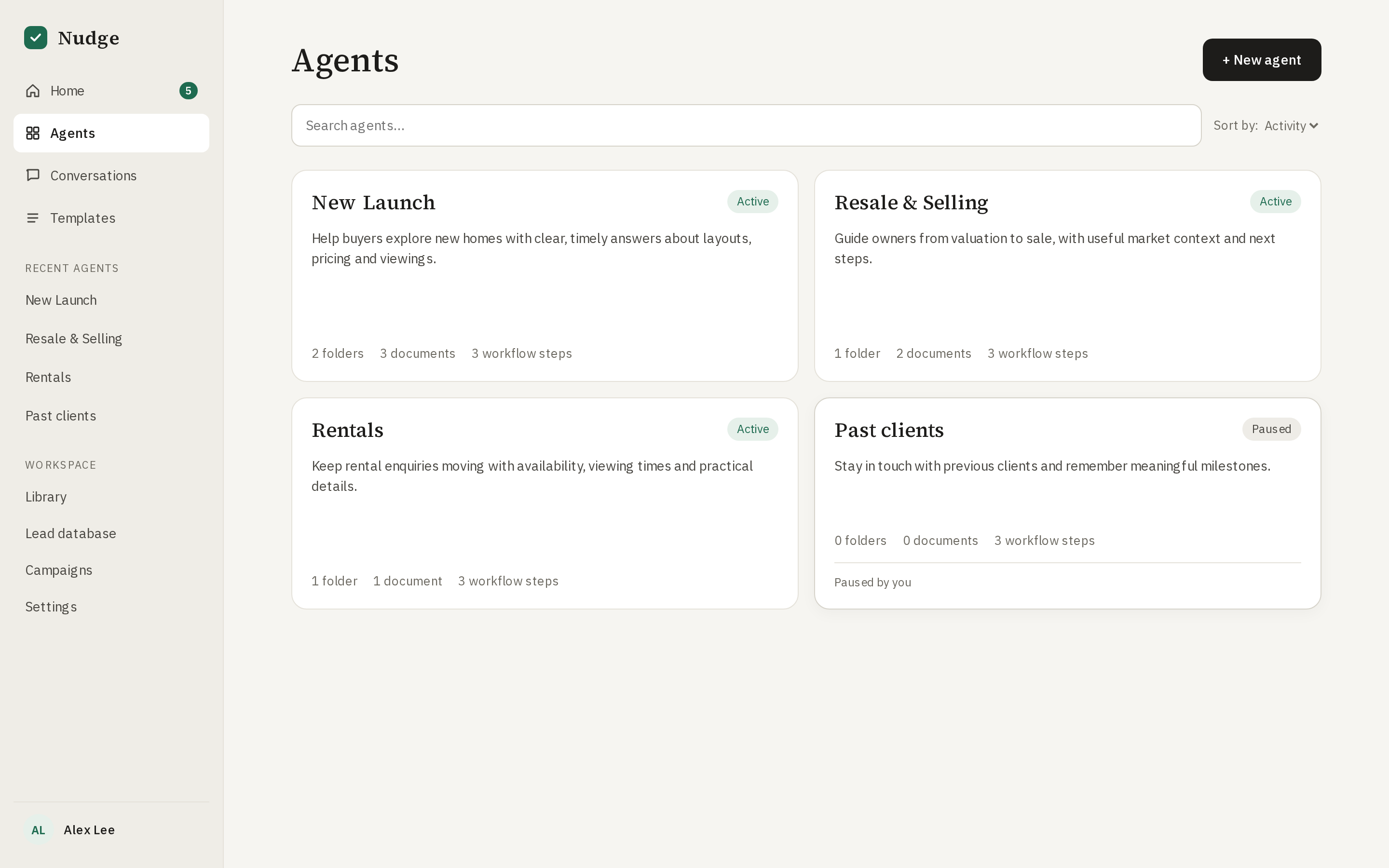 Nudge Agents showing New Launch, Resale and Rentals assistants