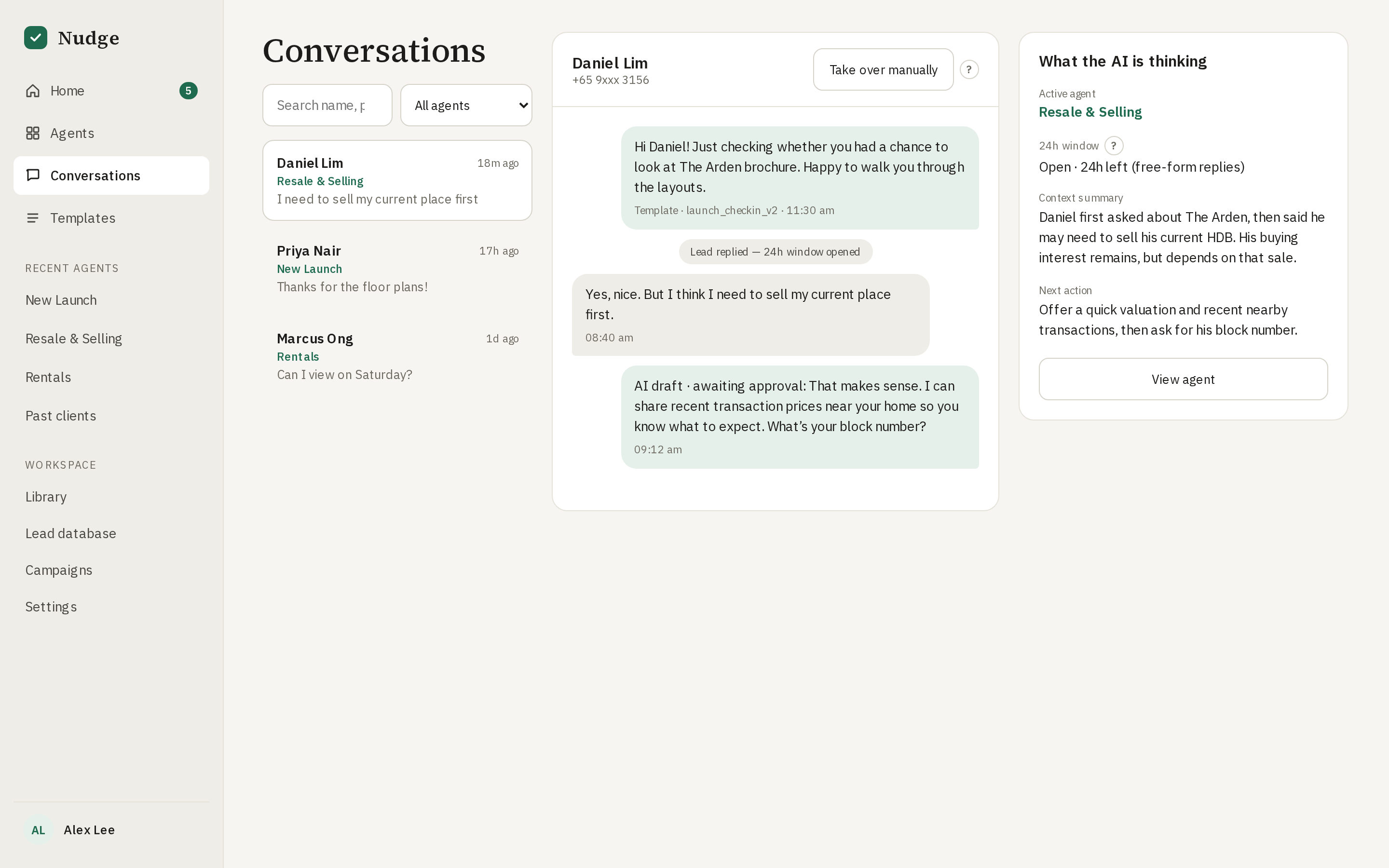 Nudge Conversations showing Daniel Lim’s property enquiry and AI context