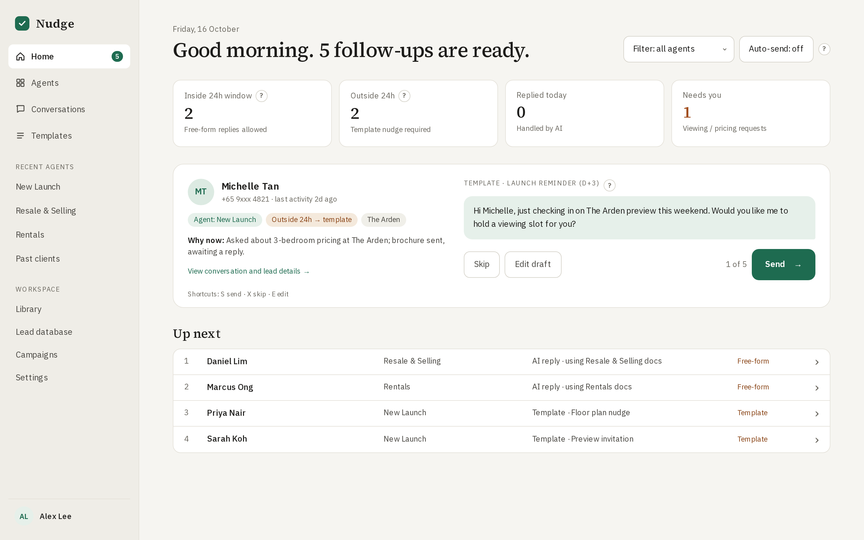 Nudge Home showing a follow-up queue and a draft for Michelle Tan