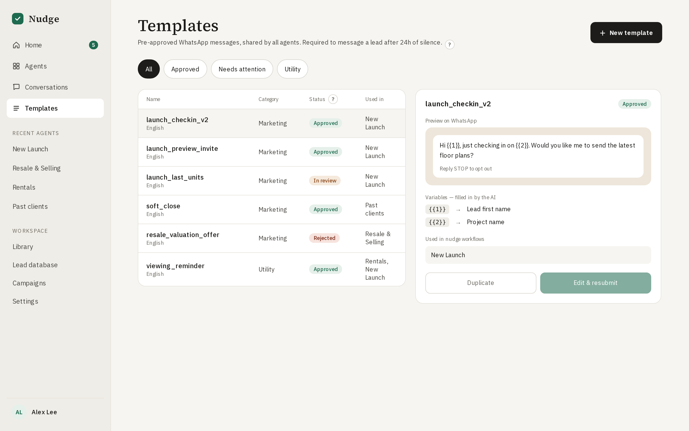Nudge Templates showing WhatsApp follow-up messages and preview